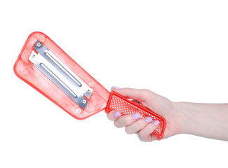 shredding knife in hand on white background isolation