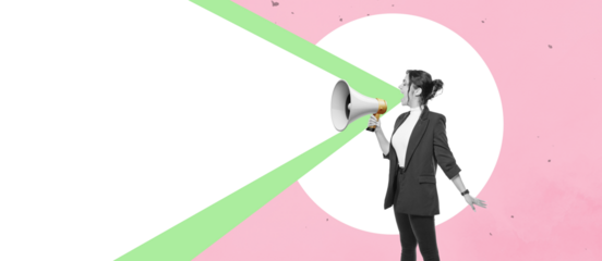 Art collage. A woman with a megaphone. Promotion, action, ad, job questions, discussion with isolated PNG area. Business concept, communication, information, news, team media relations.