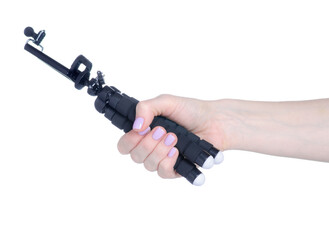 Tripod for smartphone in hand on white background isolation