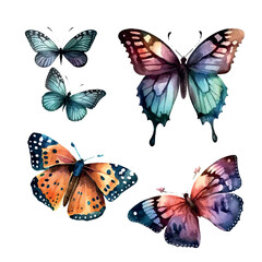 Fototapeta na wymiar Collection of multicolored watercolor butterflies. Vector illustration.