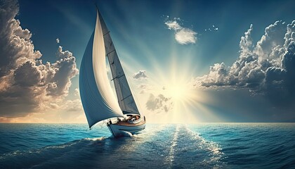 Sailboat in the ocean under sunlight, with clouds on background. Luxury summer adventure, outdoor activities at sea. Generative AI illustration.
