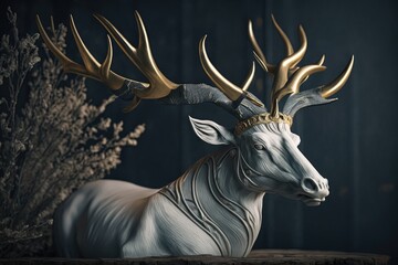 Old bull sculpture with white antlers. Generative AI