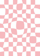 Trippy grid retro distorted chessboard background. Vintage groovy pink abstract geometric pattern for textile. Vector hippie 70s 80s style illustration for poster, flyer, greeting card, banner.