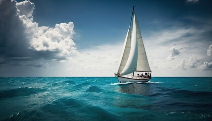 Fototapeta premium Sailboat in the ocean under sunlight, with clouds on background. Luxury summer adventure, outdoor activities at sea. Generative AI illustration.