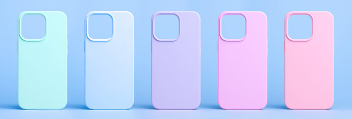 set of five back covers for mobile phone in different colors isolated on light blue background,...