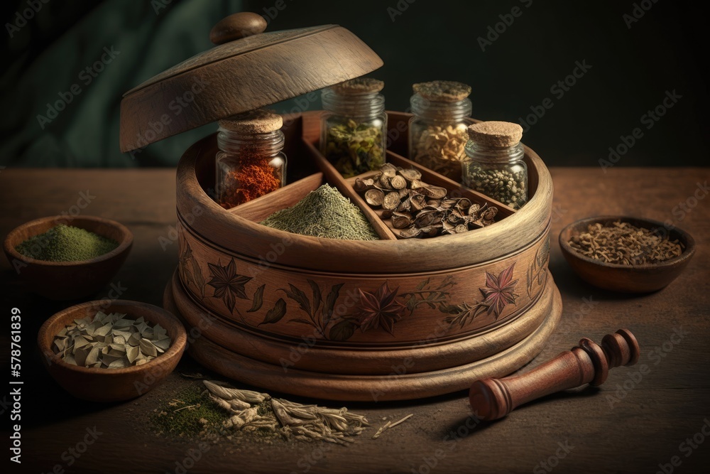 Sticker Bowls of dry herbs and spices in a chopper sit atop a wooden tray, representing the concept of herbal medicine. Generative AI