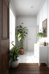 Generative ai illustration white bathroom with plants wooden details interior design