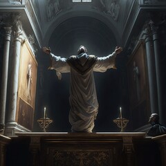 A priest is praying in the church created by generative AI - obrazy, fototapety, plakaty