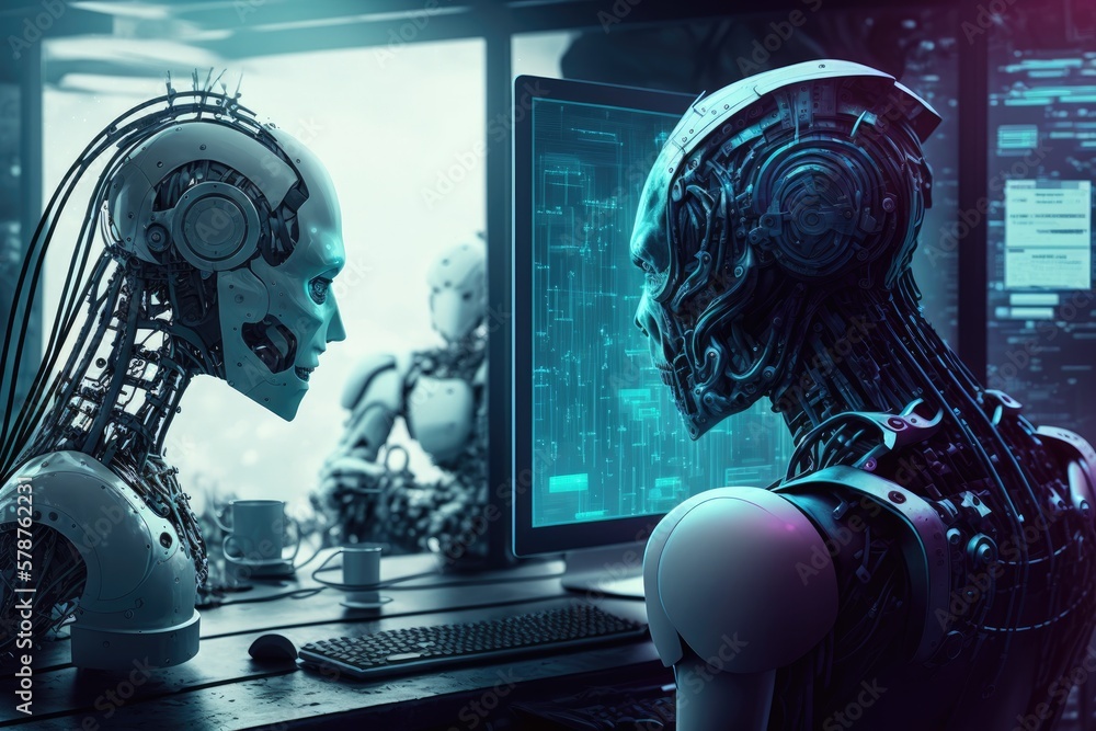 Poster a computer and a robot's head sit side by side in a futuristic lab. synthetic intelligence and robot