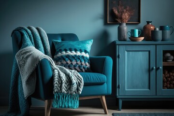 Blue blanket on sofa and wooden cabinet next to turquoise armchair in living room. Generative AI