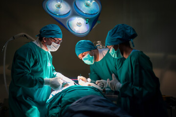 Professional Medical Doctors and team performing surgical operation in bright Modern operating room with lighting equipment in hospital.