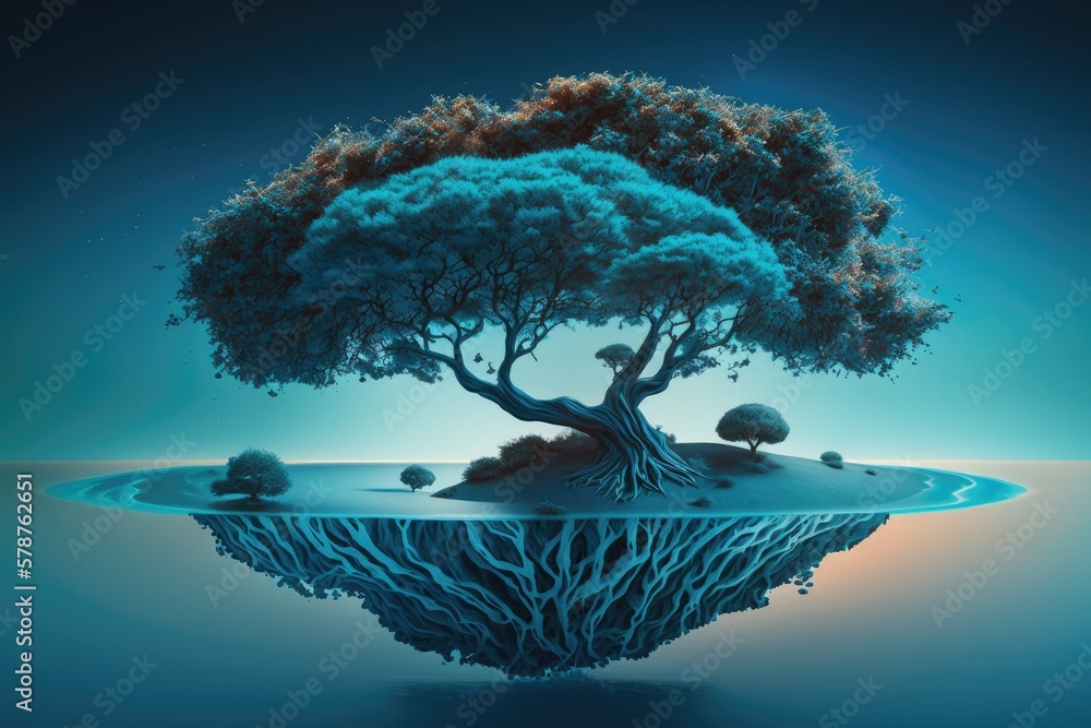 Poster surreal tree on an island all by itself, set against a blue gradient. generative ai
