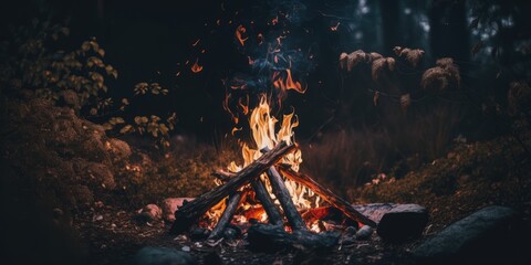 A bonfire in a forest at night. Outdoor background.