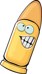 Bullet character. Cartoon funny orange bullet character isolated on white background. Funky bullet character with eyes and mouth. Vector gun shot clip art, emoji, label and sticker