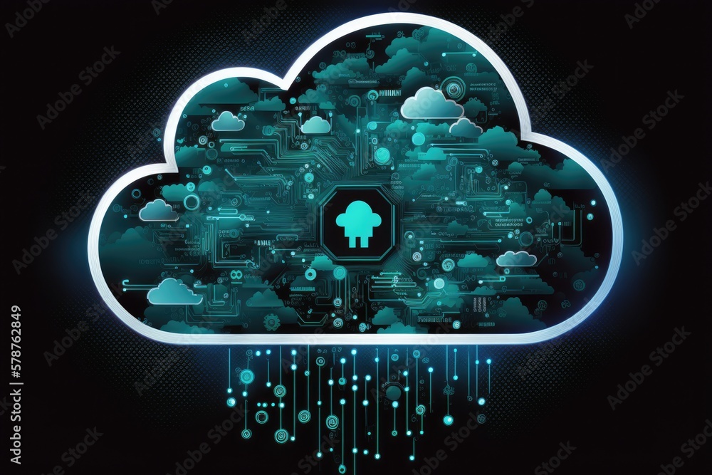 Poster background with a 2d illustration of a cloud computing concept, internet based cloud computing techn