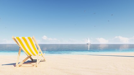Beautiful beach. Chairs on the beach near the sea. 3d rendering. Summer vacation and vacation concept for tourism. inspiring tropical landscape.