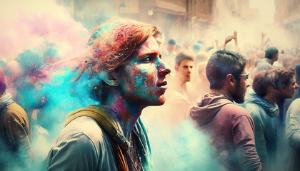 Group of people celebrating Holi holiday, folk festival of colors in Nepal and India.Generative AI.