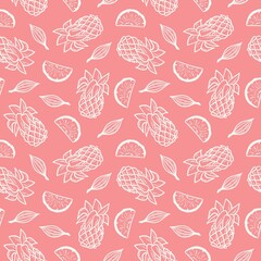 White pineapple and slice on pink background seamless pattern