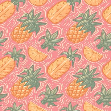 Pineapple with green leaves and slices on pink background seamless pattern