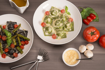 Ravioli plate with cheese and vegetables