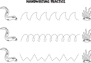 Tracing lines for kids. Cute sea eel and seaweed. Writing practice.