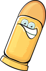 Bullet character. Cartoon funny orange bullet character isolated on white background. Funky bullet character with eyes and mouth. Vector gun shot clip art, emoji, label and sticker