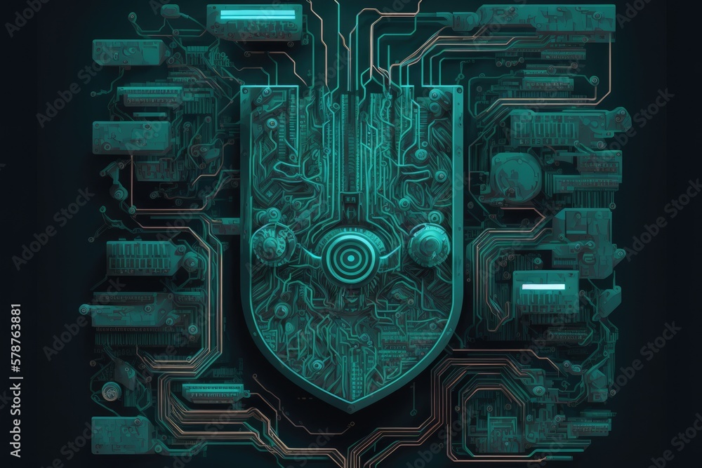 Poster illustration of a cyber secure network or computer system. Generative AI