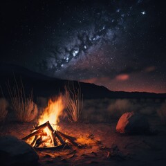 Obraz premium Campfire and the night sky with stars. Outdoor background.