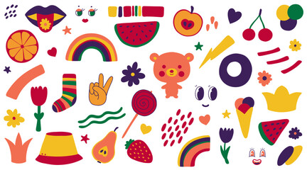 Fun colorful stickers collection in kid core style. Simple and playful doodle set.