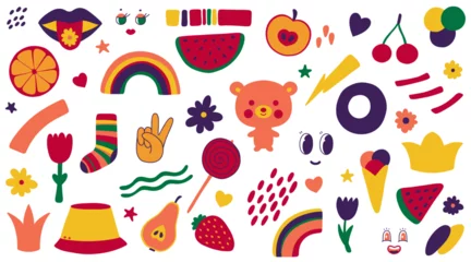 Rolgordijnen Fun colorful stickers collection in kid core style. Simple and playful doodle set. © Iuliia