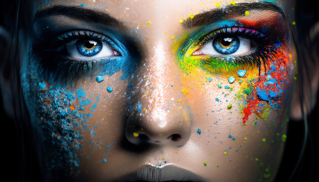 Close-up of woman's face with multicolored holi festive powder. Generative AI.