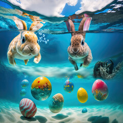 Easter bunnies swimming and hunting Easter eggs. Travel vacation. AI Generated - obrazy, fototapety, plakaty