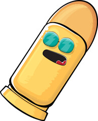 Bullet character. Cartoon funny orange bullet character isolated on white background. Funky bullet character with eyes and mouth. Vector gun shot clip art, emoji, label and sticker