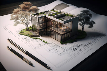 3d modelled building pops up over the 2 dimensional floor plan drawing. Shallow depth of field. Created with generative AI technology.