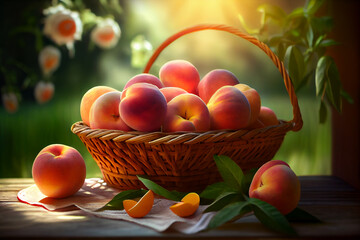Full basket of juicy ripe peaches in a farm garden at sunset. AI generated