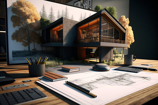 3d modelled building pops up over the 2 dimensional floor plan drawing. Shallow depth of field. Created with generative AI technology.