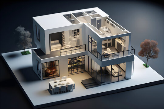 3d modelled building pops up over the 2 dimensional floor plan drawing. Shallow depth of field. Created with generative AI technology.