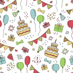 Seamless pattern of birthday elements: cake, candles, presents, confetti, balloons, garland, stars, birthday hats. Doodle style vector image.