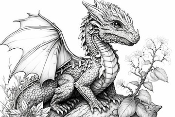 This dragon is really adorable! For use in a coloring book, this image is black and white. Generative AI