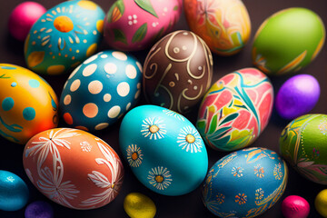 Fototapeta na wymiar Ideas for decorating colorful Easter eggs. Colorful easter eggs with patterns. Happy easter celebration with eggs decoration.