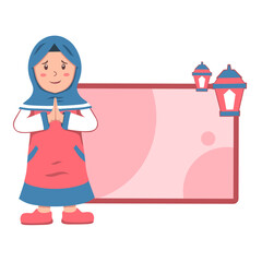 illustration of cute muslim girl,cartoon little girl wearing hijab celebrating Eid al-Fitr.with blank editable board