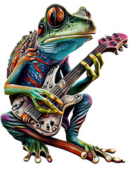 Colorful cool frog with guiter, png transparent background. Animal t-shirt design, Generative AI