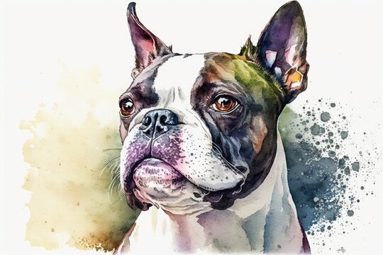 Boston Terrier 082 in watercolor. Generative AI