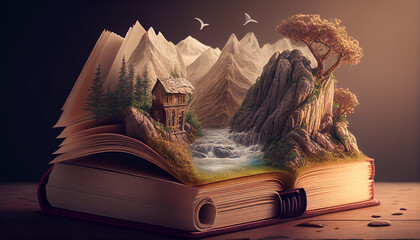 The Magical Book of Adventures: A Picturesque Natural Landscape with Majestic Mountains, Rock Formations, and Serene Rivers. Generative Ai