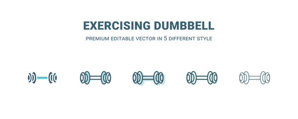 exercising dumbbell icon in 5 different style. Outline, filled, two color, thin exercising dumbbell icon isolated on white background. Editable vector can be used web and mobile