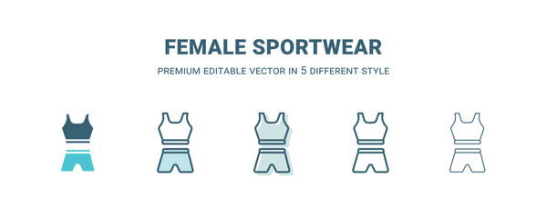 female sportwear icon in 5 different style. Outline, filled, two color, thin female sportwear icon isolated on white background. Editable vector can be used web and mobile