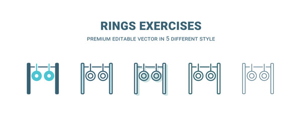 rings exercises icon in 5 different style. Outline, filled, two color, thin rings exercises icon isolated on white background. Editable vector can be used web and mobile
