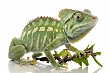 Fototapeta premium Lizard, Veil Chameleon, Juvenile, Green, Isolated, Closeup, White Background. Generative AI