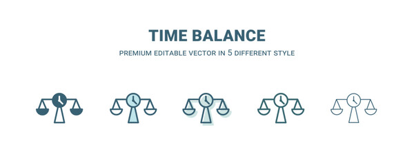 time balance icon in 5 different style. Outline, filled, two color, thin time balance icon isolated on white background. Editable vector can be used web and mobile