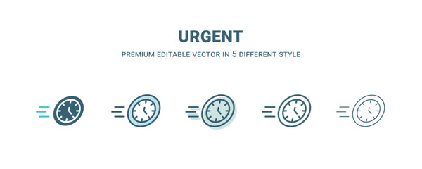 urgent icon in 5 different style. Outline, filled, two color, thin urgent icon isolated on white background. Editable vector can be used web and mobile